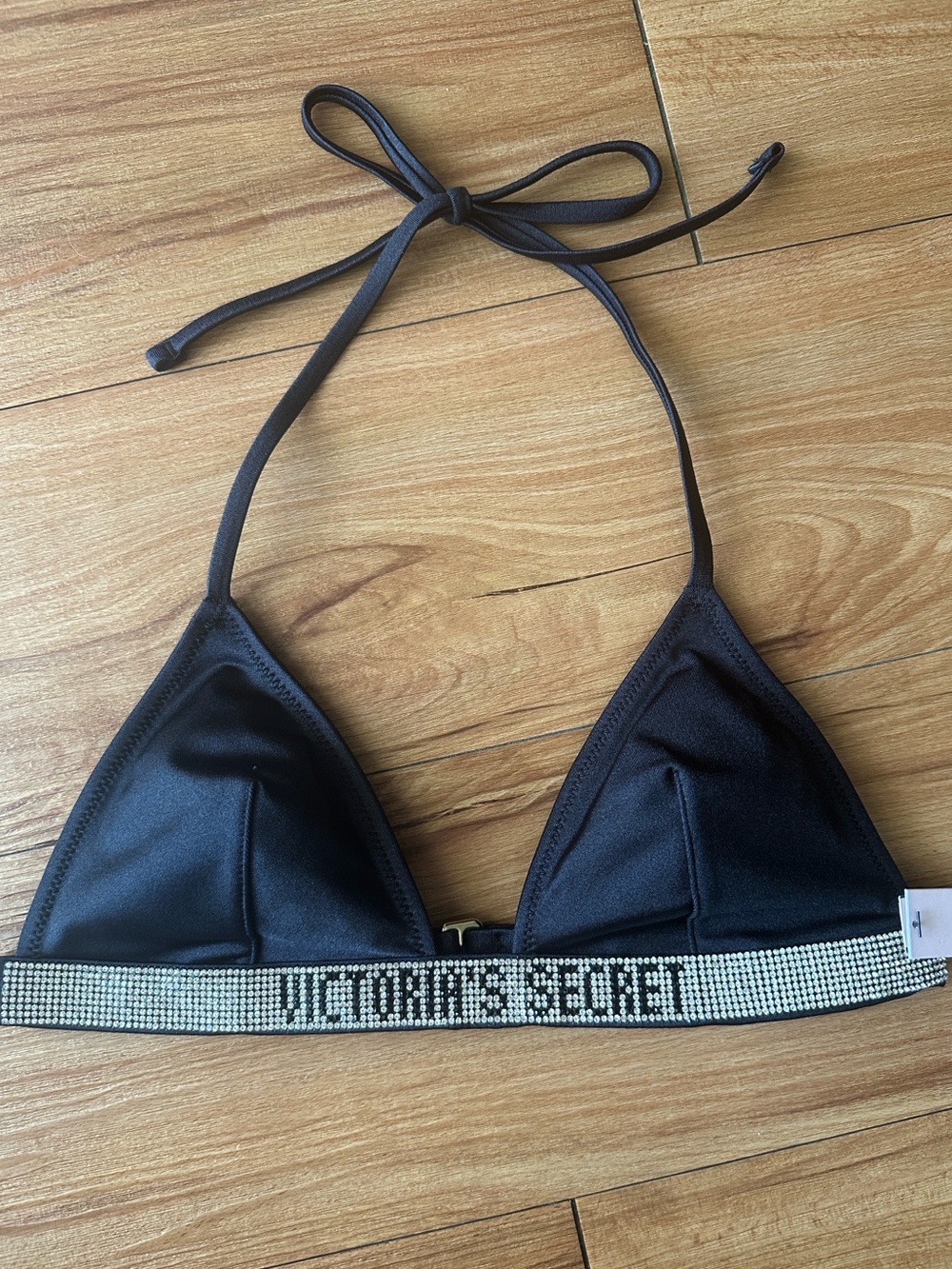 Victoria's Secret Black Triangle Bikini Top with Crystal Logo Band Size XS
